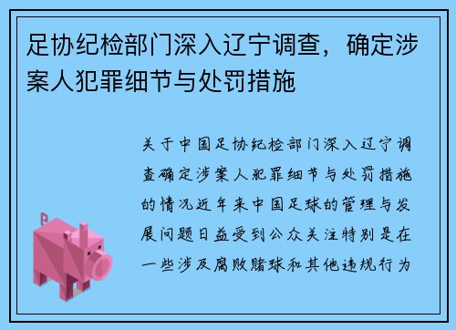 足协纪检部门深入辽宁调查，确定涉案人犯罪细节与处罚措施