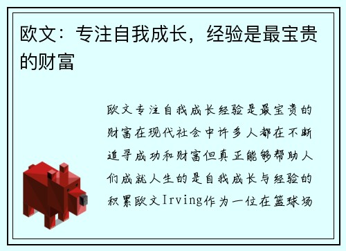 欧文：专注自我成长，经验是最宝贵的财富