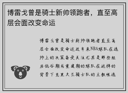 博雷戈曾是骑士新帅领跑者，直至高层会面改变命运